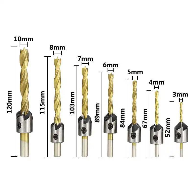 Juego de brocas para avellanado de flauta HSS 5, 4/7 piezas, 3-10mm, enchapado en titanio, escariador de carpintería, extremo de chaflán, agujero de fresado de madera