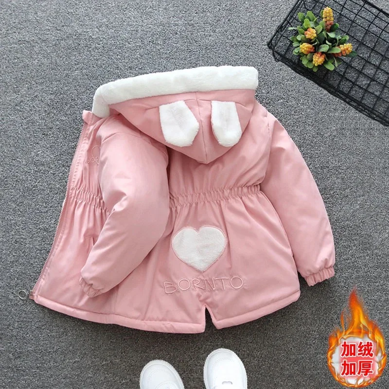 2024 Autumn Winter Thick Warm Girls Jacket New Fashion Love Pattern Kids Windbreaker Coats For Girl Hooded Outwear Birthday Gift