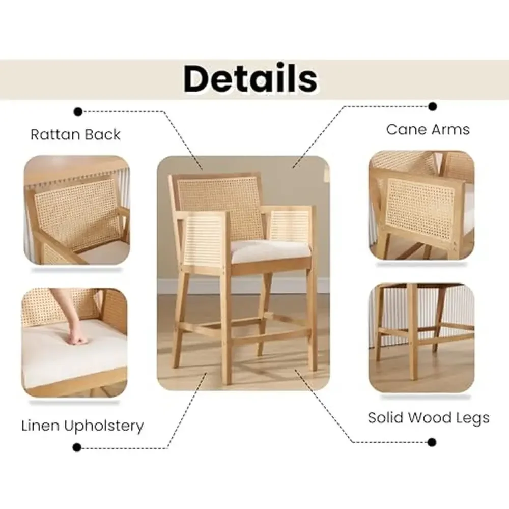 Rattan Bar Stools Set 2 Modern Farmhouse Counter Height Barstools Back Arms Mid Century Wood Counter Stools Octagonal Mesh Linen
