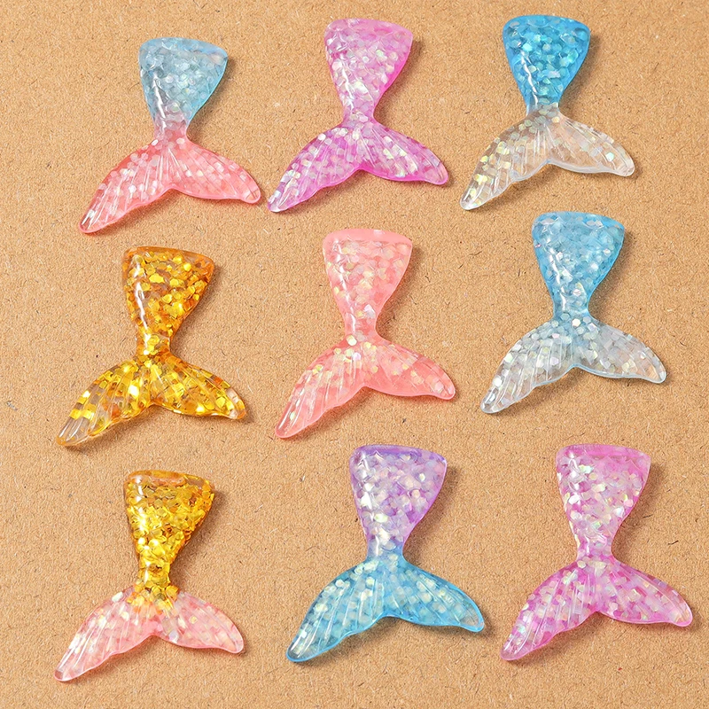 10pcs 26x30mm Resin Glitter Mermaid Tail Flat Back Cabochons Scrapbook DIY Embellishments Jewelry Accessories