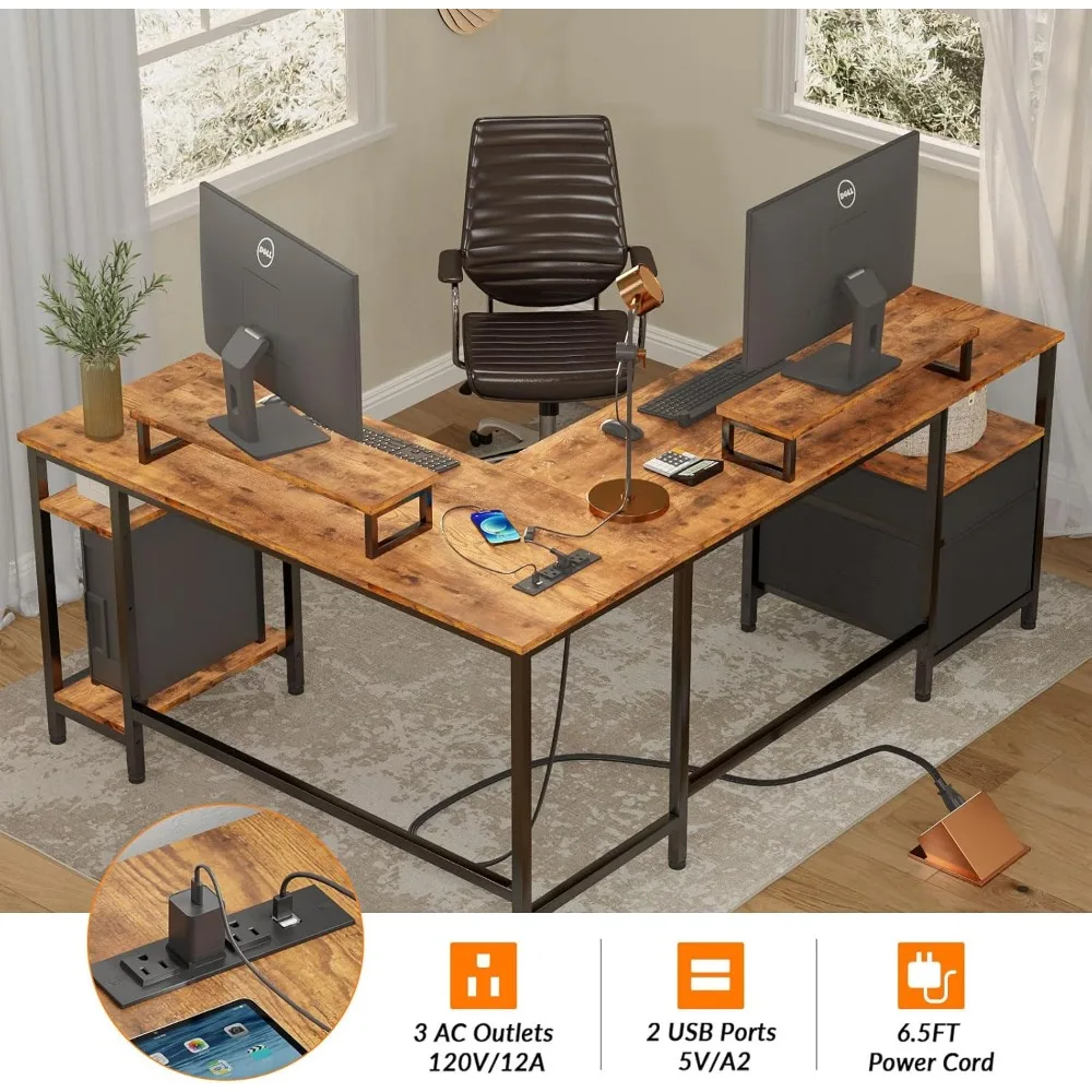 66” L Shaped Desk with Power Outlet, Reversible Computer Desk with File Drawer & 2 Monitor Stands, Home Office Desk