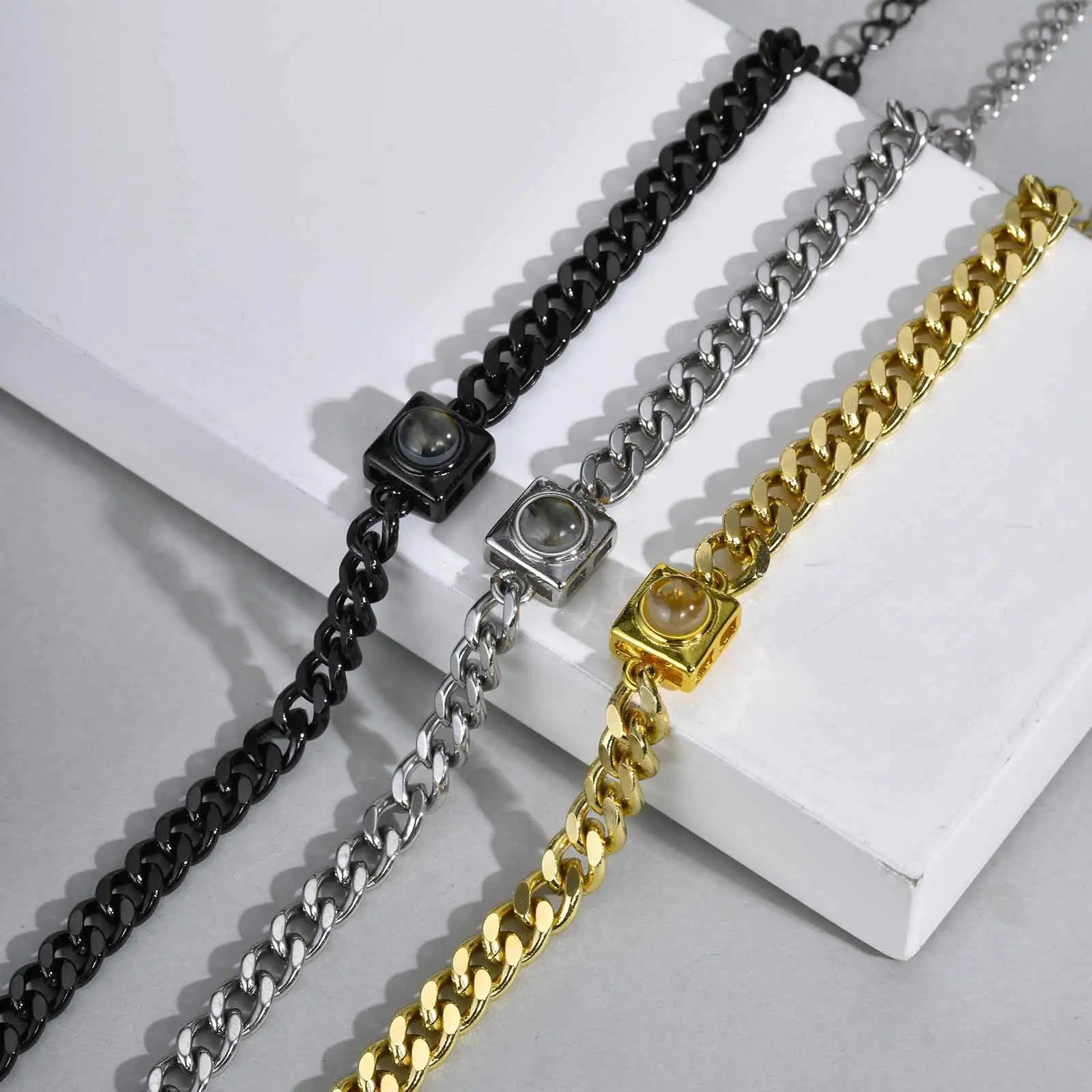 

Vnox Free Custom Photo Projection Bracelet for Men Him, Black Silver Gold Color Stainless Steel Cuban Chain Adjustable Wristband