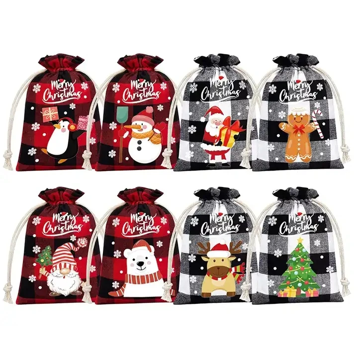 Merry Christmas Linen Santa Sack Gift  Plaid Storage Packing Xmas Decor Drawstring Jewelry Candy Pouch  For Party Gift