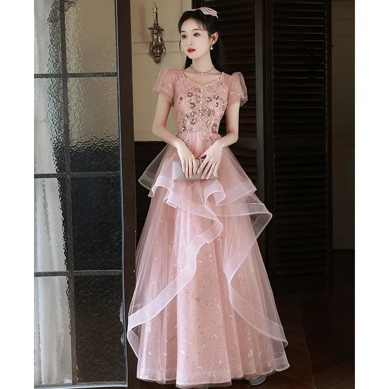 Pink Evening Dress Women's Banquet High-End Special Interest Light Luxury French Sense Art Exam Autumn Host Simple and Clothing