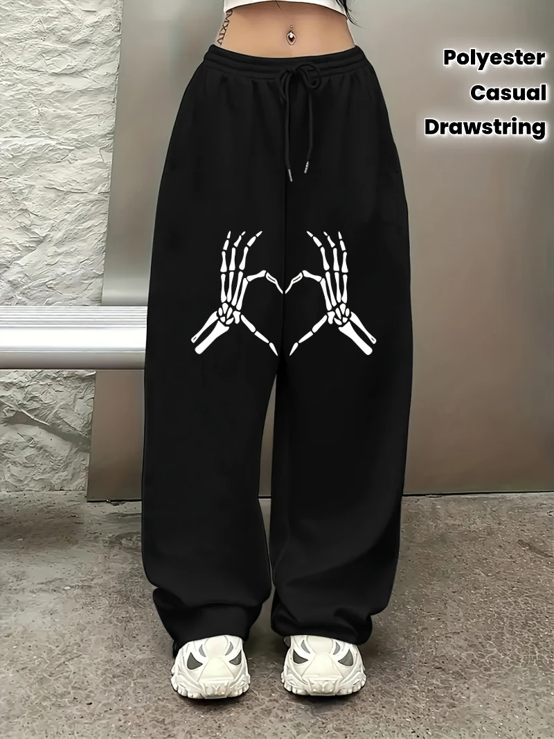 

Повседневные спортивные штаны со скелетом и принтом сердца, трикотажная ткань из полиэстера с легкой эластичной завязкой на талии, прямые ноги в стиле хип-хоп