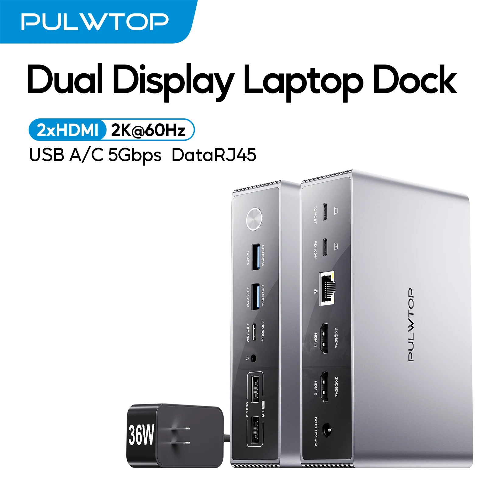 

Док-станция PULWTOP USB C DisplayLink, док-станция для ноутбука с двумя дисплеями и 2 HDMI 2K при 60 Гц, USB A/C, 5 Гбит/с, RJ45, PD 100 Вт