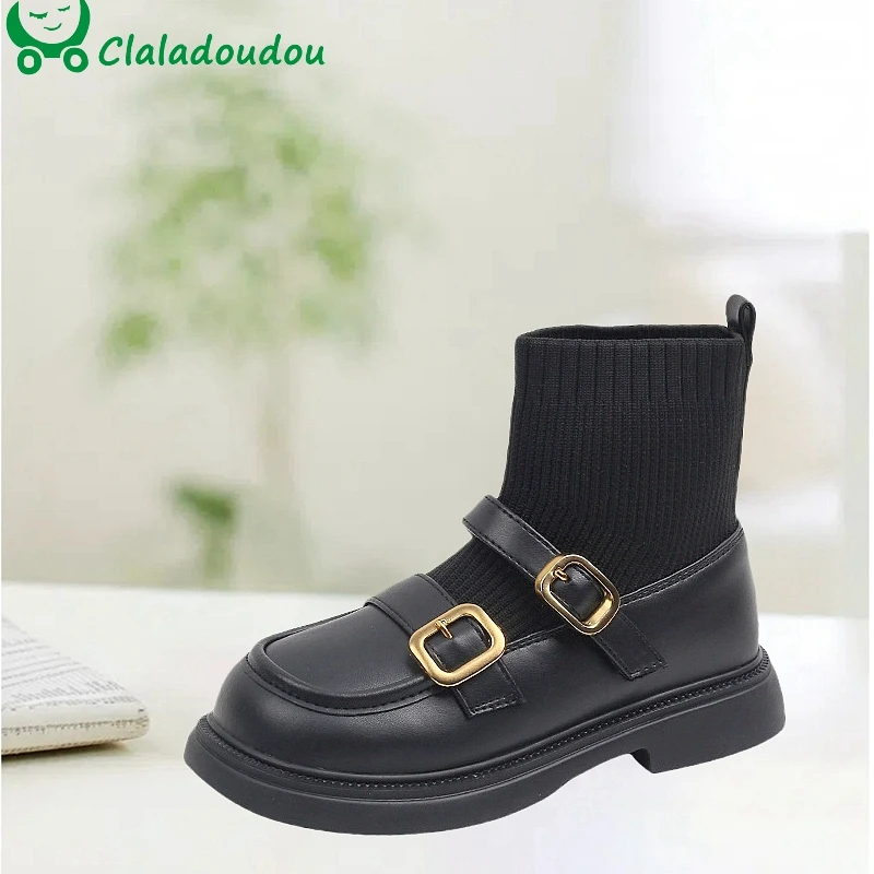 

Claladoudou New Knitting Boots For Kids Girls Autumn,Soft Solid Brown Black Ankle Boots For Children Woman, Toddler Leather Shoe