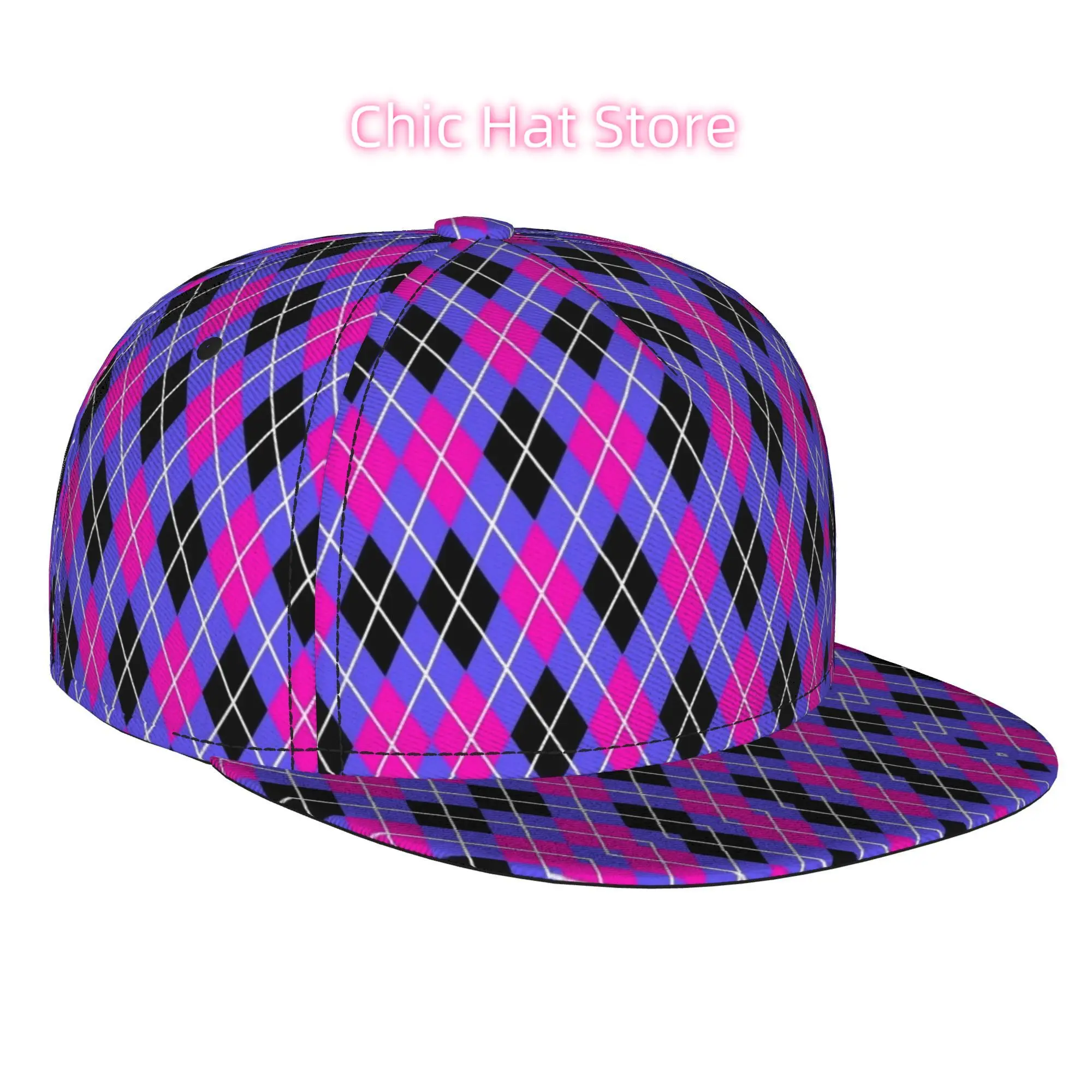 1pc of Pink And Black Diamond Argyle Fully Printed Hip-Hop Caps, Baseball Caps with a Trendy Flat Brim, Casual Sports Caps for O