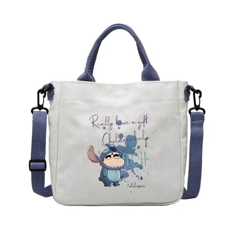 Kawaii Shin-chan & Stitch طباعة قماش حقيبة كتف قماش حمل حقيبة يد للجنسين غلق بمشبك حقيبة كروسبودي حقيبة تسوق