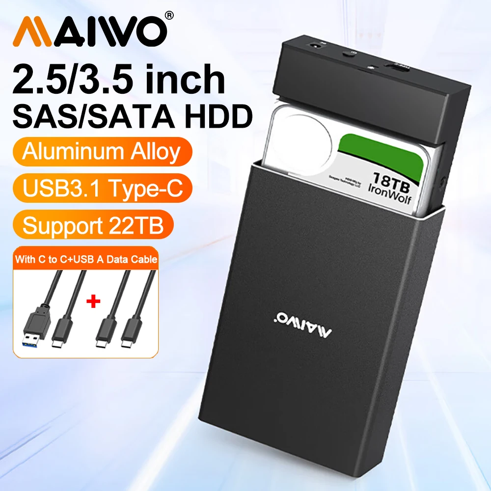 

Внешний корпус MAIWO SAS/SATA, корпус SSD/HDD 2,5/3,5 дюйма, расширение SAS для USB3.1 Type-C Gen2 Plug and Play для ноутбука