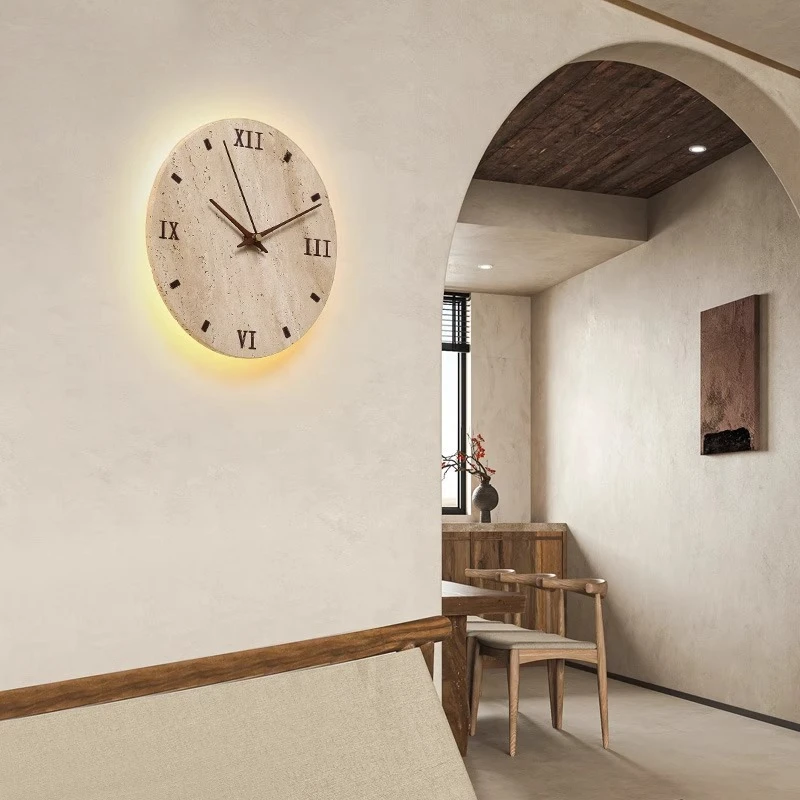 

Creative Time Clock Living Room Wall Lamp Yellow Travertine Bedroom Background Wall Staircase Entrance Medieval Wabi Sandy Wind