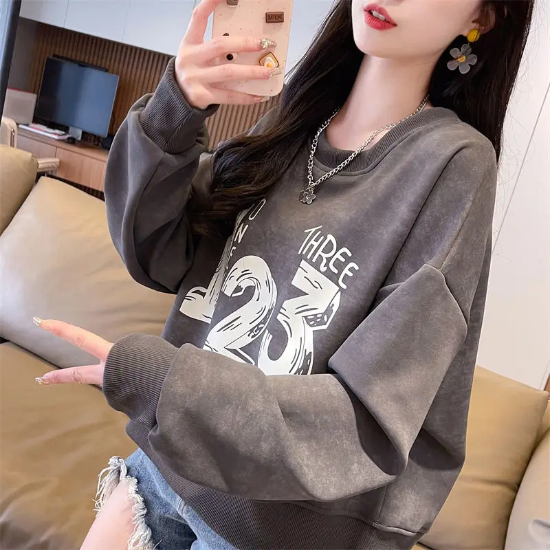 Spring Autumn Women\'s Clothing Letter Printing Round Neck Pullover Lantern Long Sleeve Casual Loose All-match Office Lady Tops