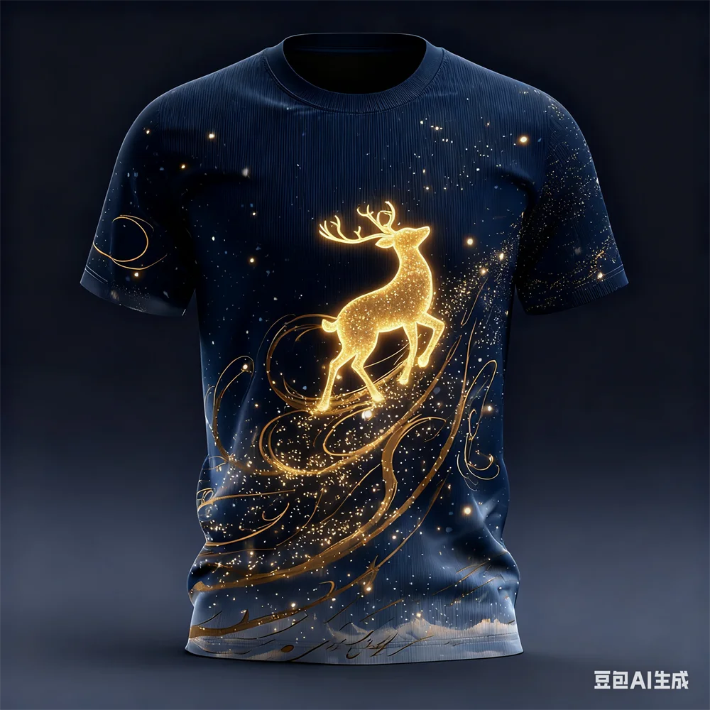 

Merry Christmas Golden Deer 3D Printed Men's T-shirt with Short Sleeves Fashion Holiday Party X'mas Casual Loose Men's Clothing