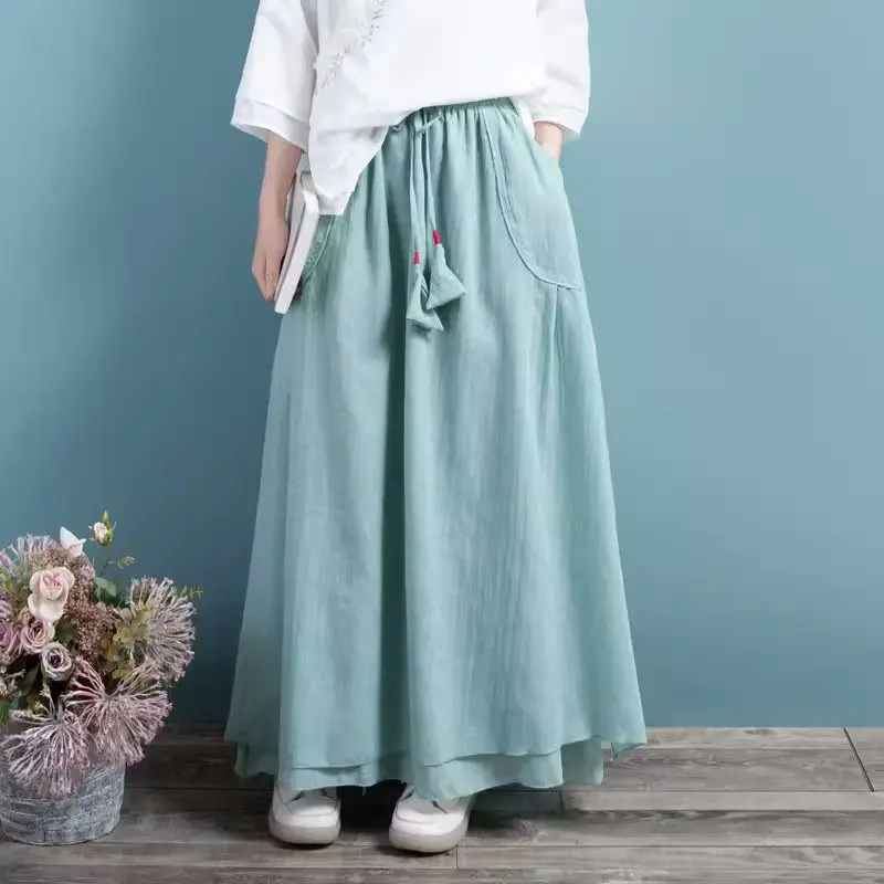 

2023 Spring Summer Elastic Waist Retro Cotton And Linen Skirt Women's Chinese Style Literature Casual Loose Long Skirt Z1060