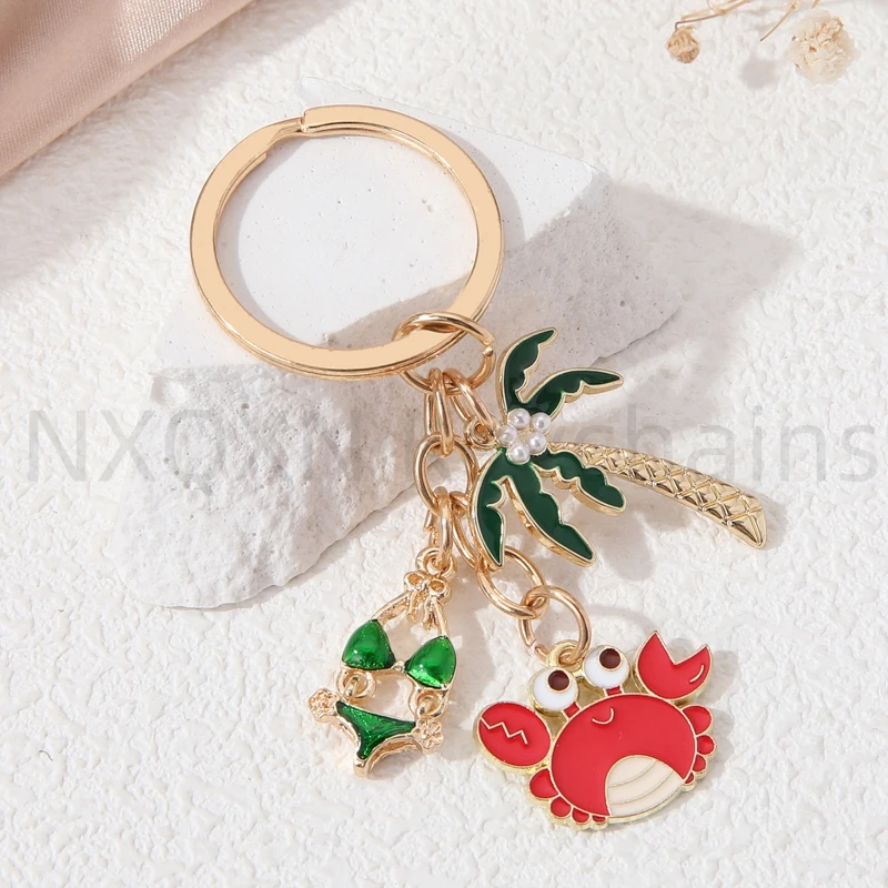 Cute Crab Bikini Coconut Tree Keychains Summer Ocean Beach Aniamls Key Rings For Women Men Vacation Handamde DIY Jewelry