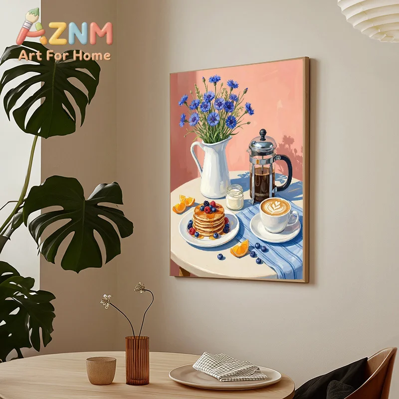 Modern Cozy Kitchen Still Life Floral Coffee Canvas Wall Art Frameless Pastry Wine and Seafood Duck Poster for Living Room Decor