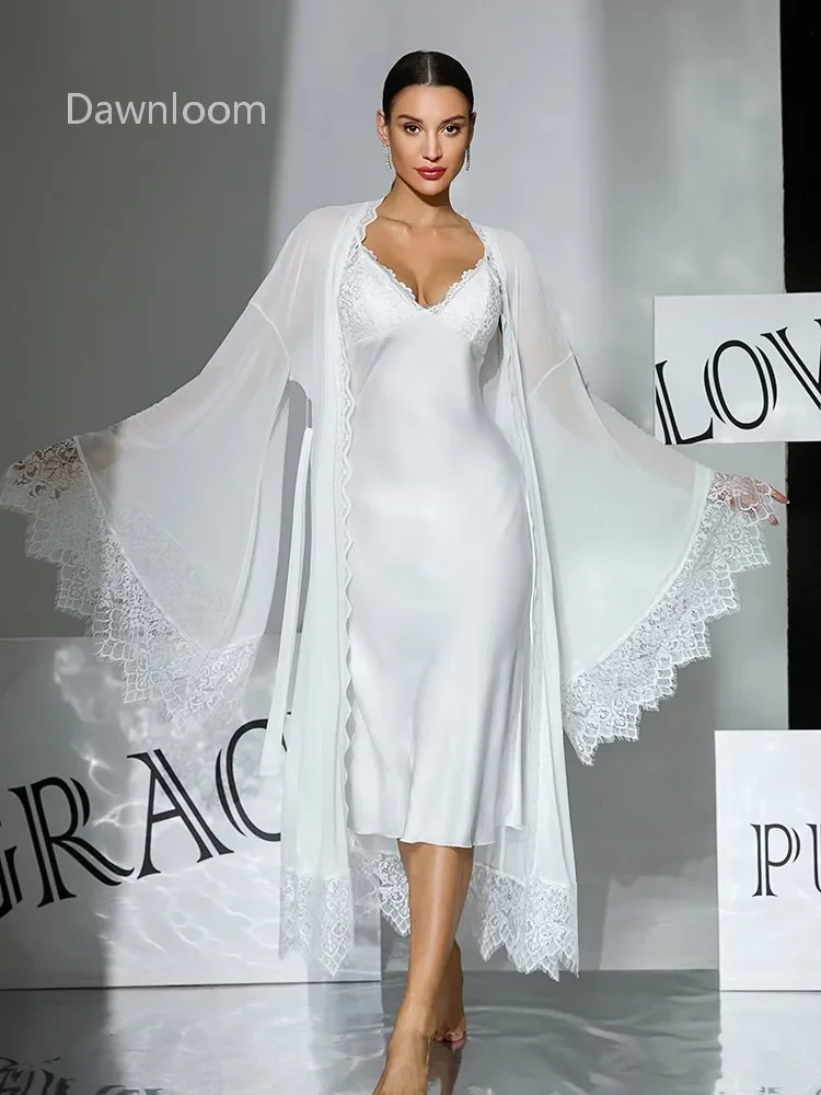 Dawnloom Women's White Satin Lace Slip Dress with Sheer Robe Two-Piece Set Luxury Elegant Wedding Morning Gown Home Loungewear