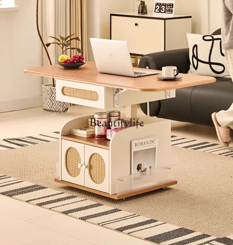 

ls 51Cream wind solid wood folding movable lifting edge sofa side cabinet storage dining table