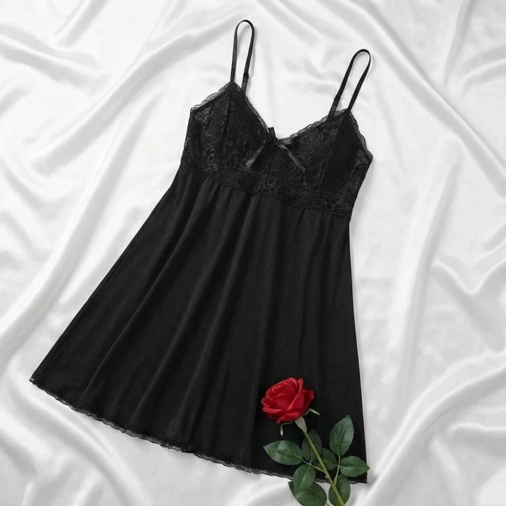 

Thin Women's Lace Pajamas Dress V Neck Split Lace Suspender Nightdress Party Dress Lace Bow Lace Slim Sling Nightgown Female