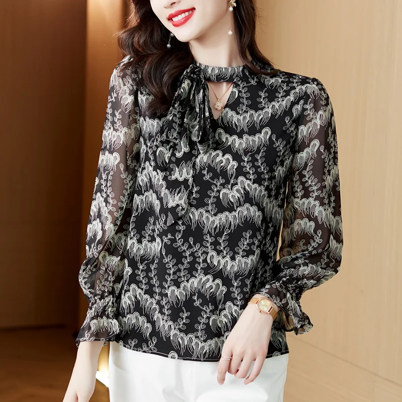Printed Women's Shirt Long Sleeved Blouse 2025 Spring Autumn Female Clothing Loose Fashion Ladies Tops Transparent Thin Shirts