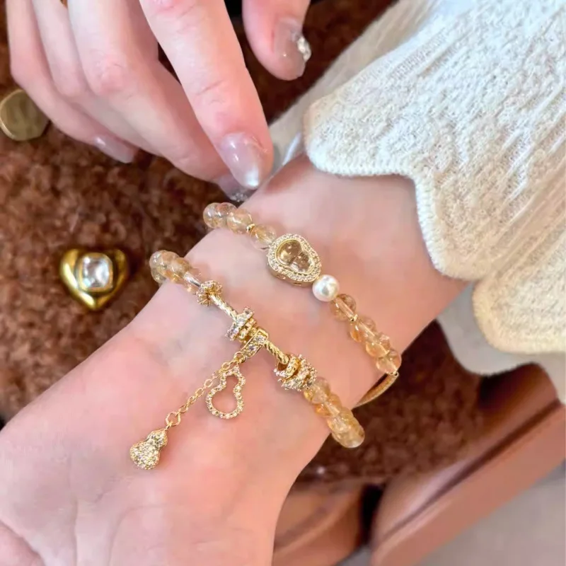 Chinese Style Natural Amethyst Handstring Bracelet Gilded Pearl Gourd Lucky Charm Wealth Blessing Elegant Fine Jewelry For Women