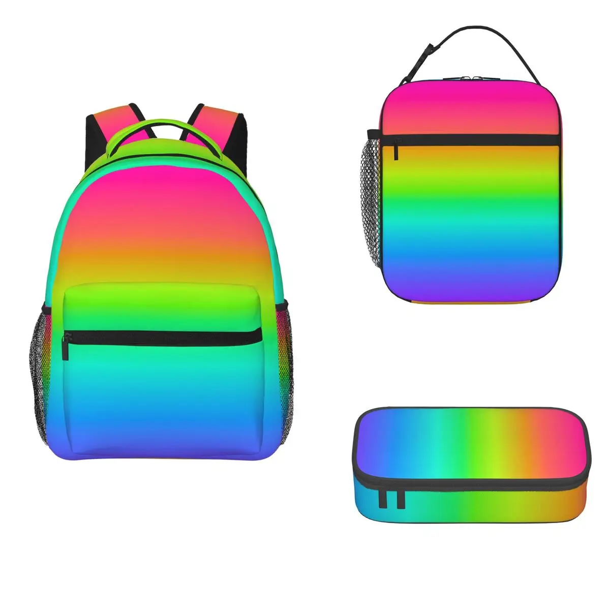 

Neon Rainbow Ombre Backpacks Boys Girls Bookbag Students School Bags Cartoon Kids Rucksack Lunch Bag Pen Bag Three-Piece Set