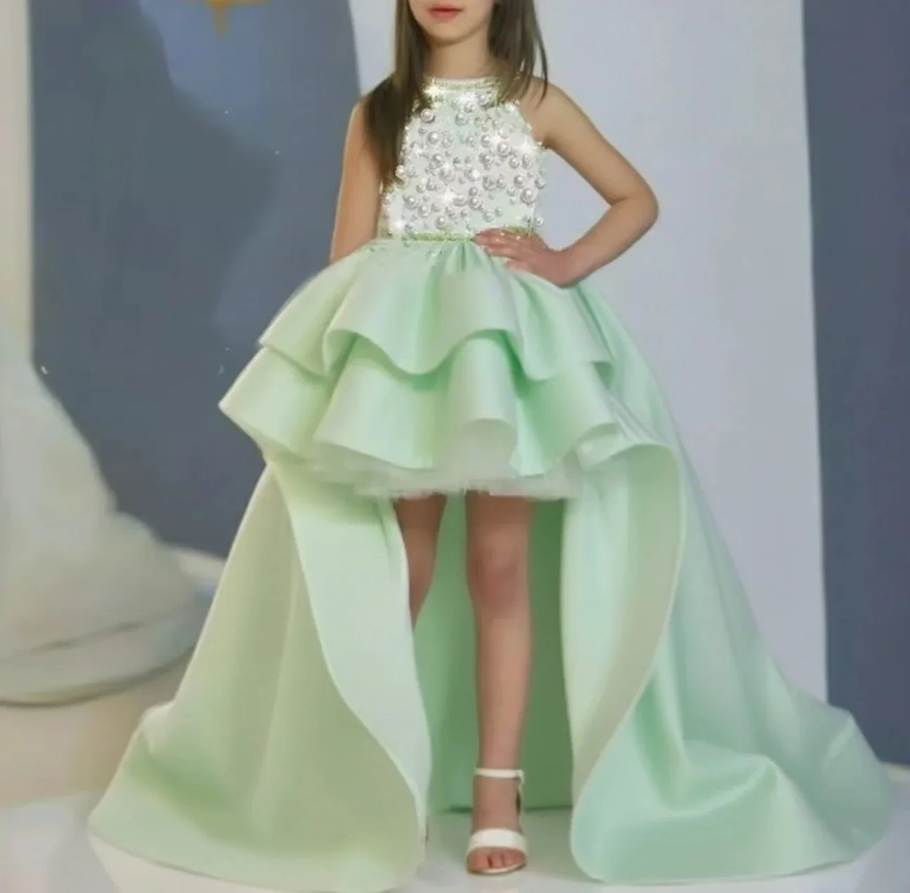 Custom White Pearl Ruffled High Low Flower Girl Dress First Christmas Dress Wedding Party Gown for Girls فساتين اطفال
