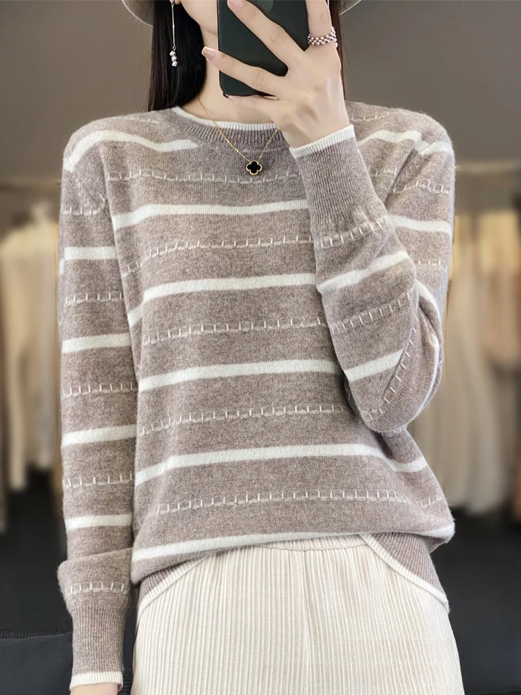 

Женский вязаный свитер Long Sve круглый Ne в полоску базовый слой irt осень-зима новый Sle Independent Station Cross Bor...