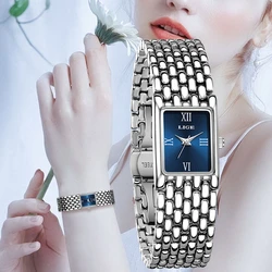LIGE Luxury Ladies Fashion Quartz Watch Simple Scale Square Quality Plated Women Watches Business Stainless Steel Folding Clock