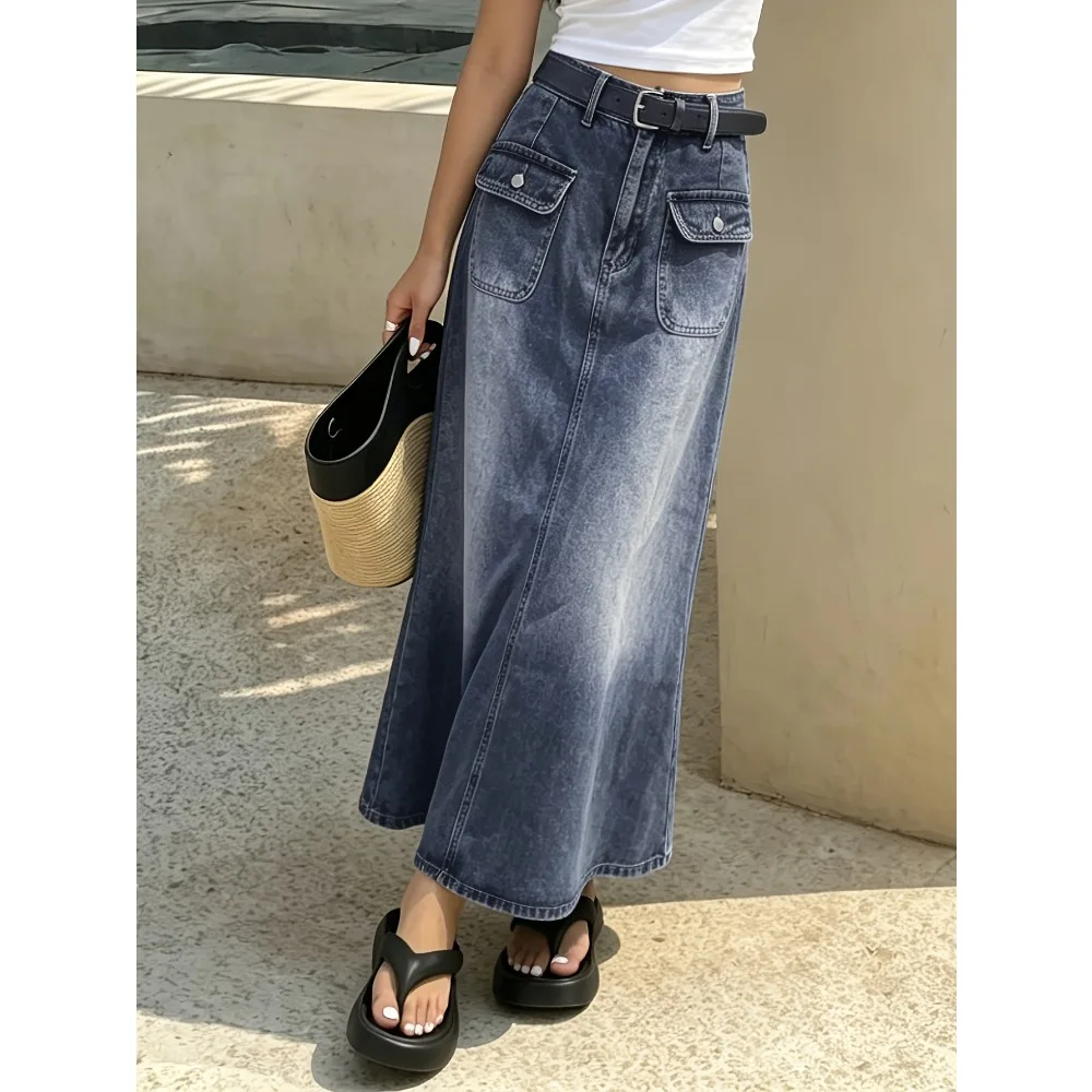 Retro nostalgic light blue high waist skirt, female long high waist slim big swing umbrella skirt Joker temperament dress.