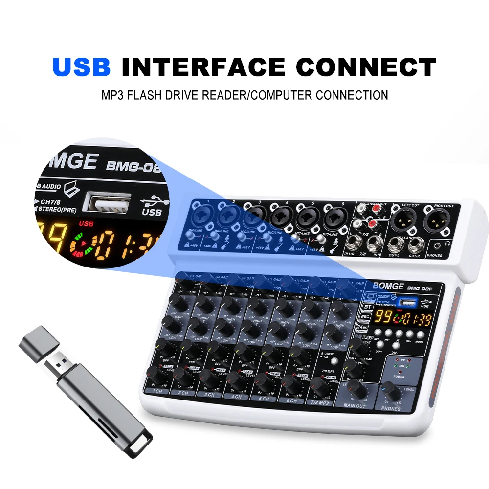 BOMGE 8 channel mini audio mixer  Line Mixer ，DC 5V，Bluetooth,48V ,24DSP  effects  for Small Clubs or Bars, Studio Recording