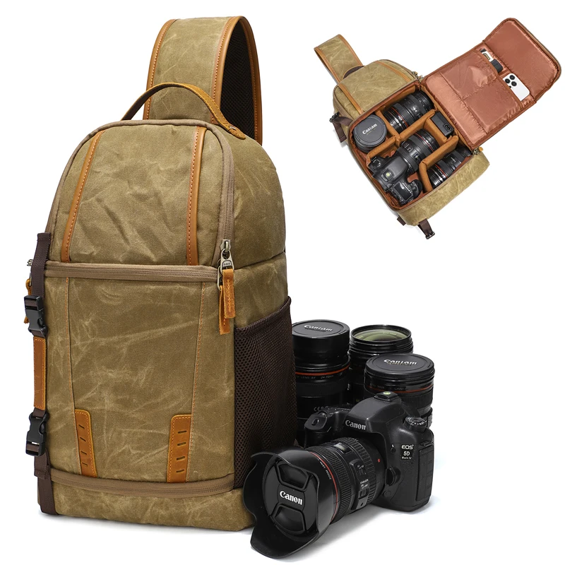 

Vintage DSLR Camera Sling Bag Backpack Waxed Canvas Waterproof Crossbody Bag Khaki for Canon Nikon Sony Photographer Outdoor Use