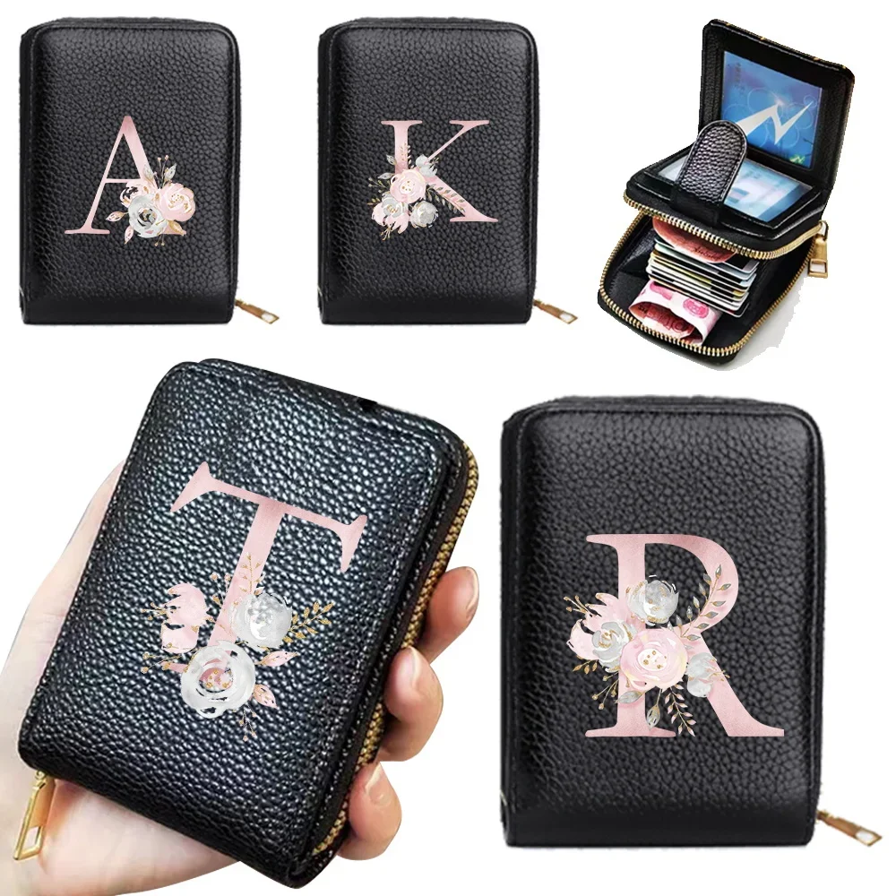 Wallet Women Zipper Credit Card Holder Rfid Blocking Pocket Purse with ID Window Female Coin Purse Fashion Pink Flower Pattern