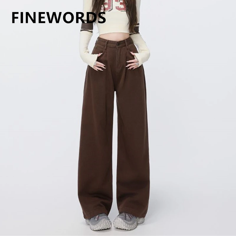 

FINEWORDS Retro Casual Korean Baggy Jeans Women Streetwear High Waist Harajuku Jean Easymatch Full Length Wide Leg Denim Pants