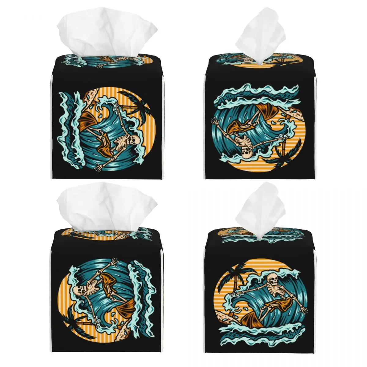 Custom Summer Surfing Skull Tissue Box Holder Square Surf Rider PU Leather Facial Tissue Box Cover for Car Bathroom