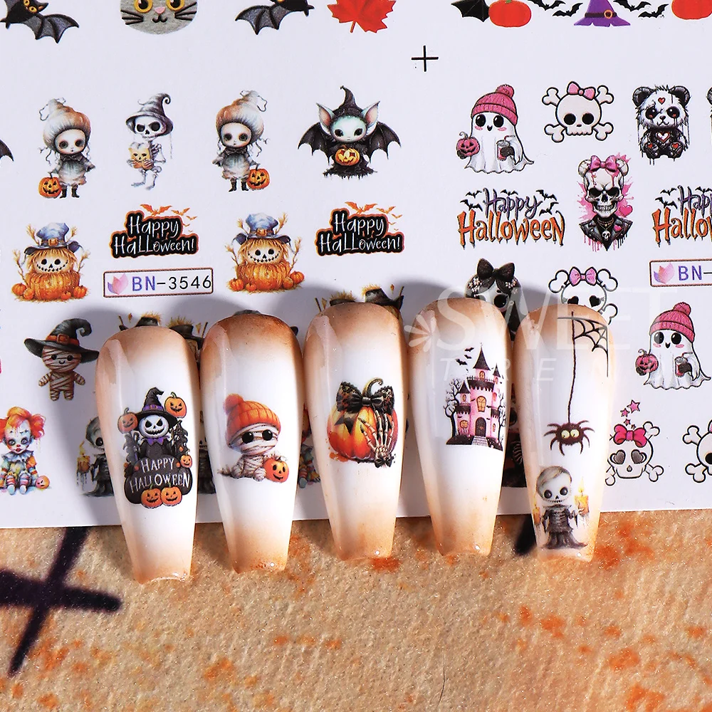 SWEET TREND-12 Design Halloween Water Transfer Nail Stickers Decals Ghost Pumpkin Skull Bat Nail Slider for Women Manicure Decor view 5