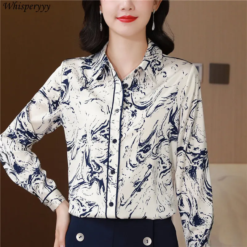 Spring New Women's Shirt Printed Commuter Tops Shirt Fashion Camisa Feminina Long-sleeved Turn Over Collar Button Blouse