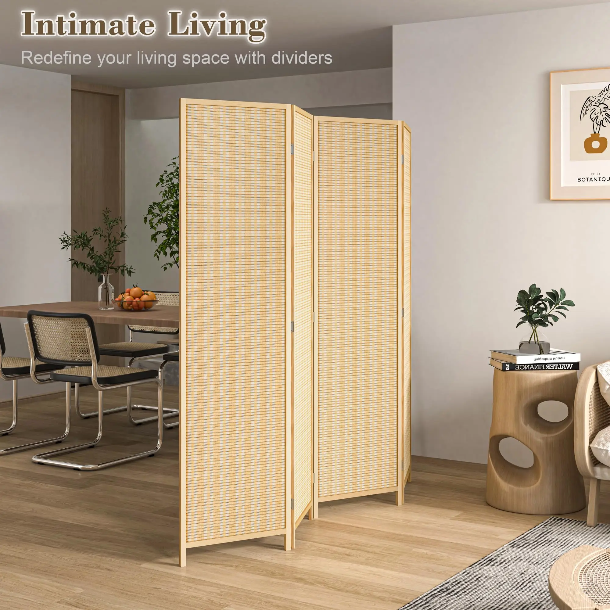 4 Panel Bamboo Room Divider, Folding Privacy Sn for Room Separation, Natural Wood Room Partitions and Dividers, Patio