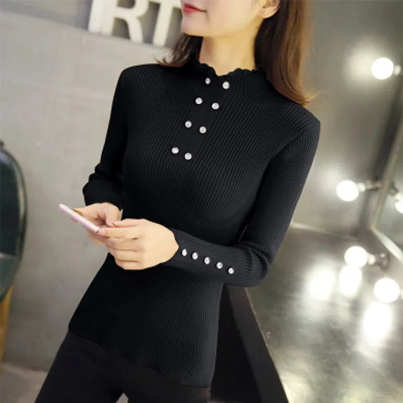 

2022 Spring Autumn New Sweater Half Turtleneck Lace Lace Knitted Sweater Women Pullover Long-sleeve Slim Bottoming Shirt Women