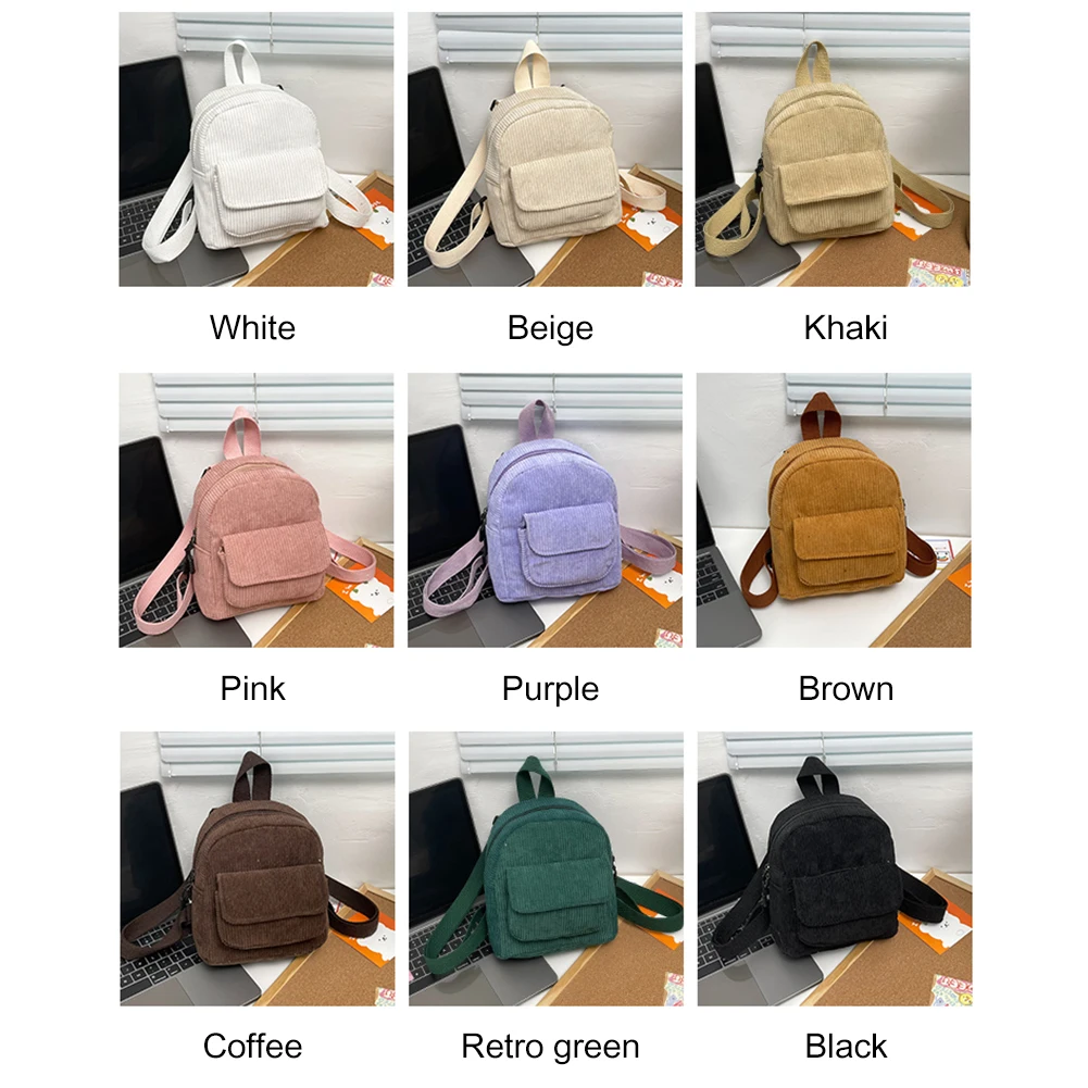 Women Fashion Mini Backpack Versatile Corduroy Backpack Solid Color Retro Travel Backpack Student Book Bag for School Travel