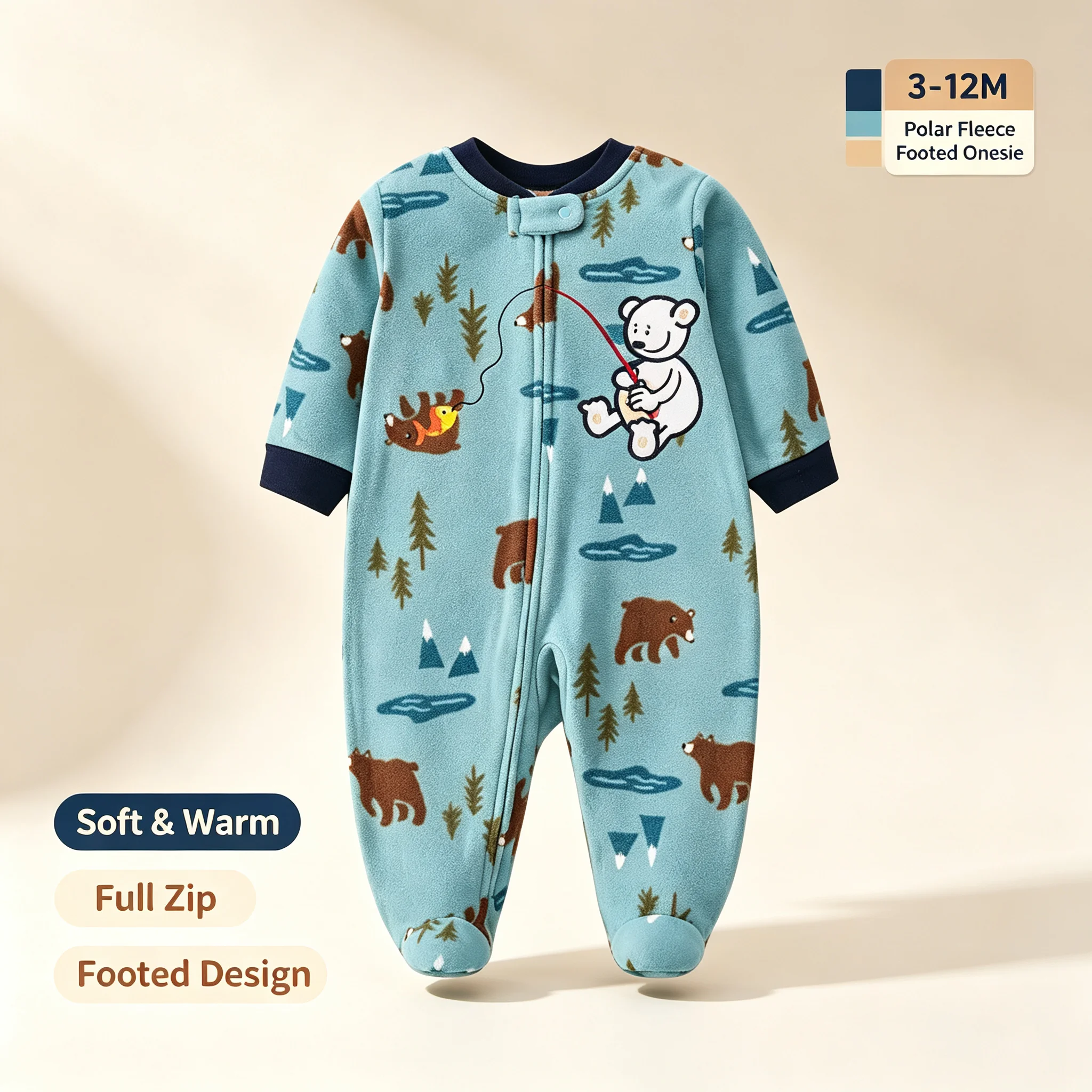 Infant Zip Up Polar Fleece Footed Bodysuit, Cute Cartoon Bear Baby Footie Romper, Warm Fall Winter Baby Clothes