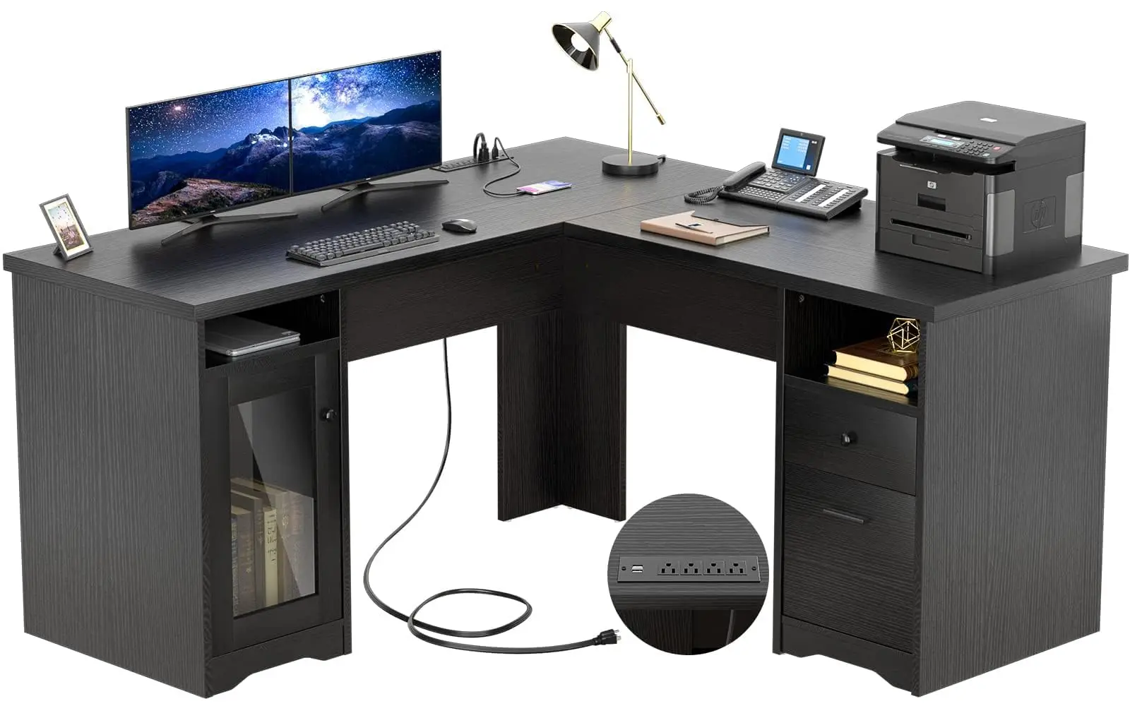 L Shaped Office Desk with Drawer, 60 Inch Computer Desk with Power Outlet & USB Charging Port, Large Corner Desk with