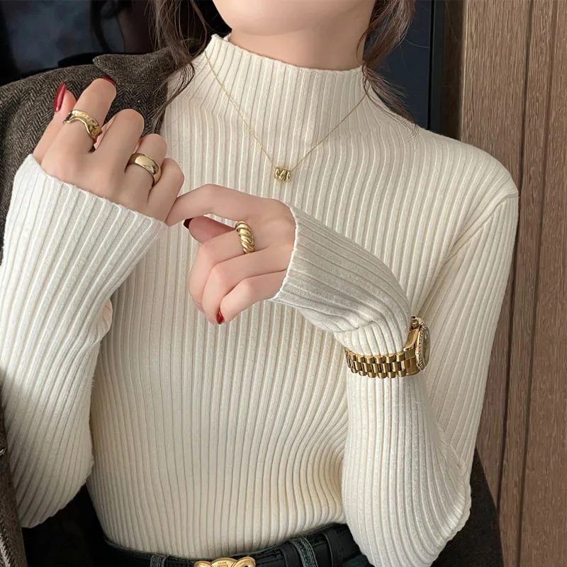 Mode Langarm Gestrickte Pullover Frauen Pullover Mock Neck Schwarz Weiß Stricken Pullover Pullover Frauen Tops Sueter Feminino Q985