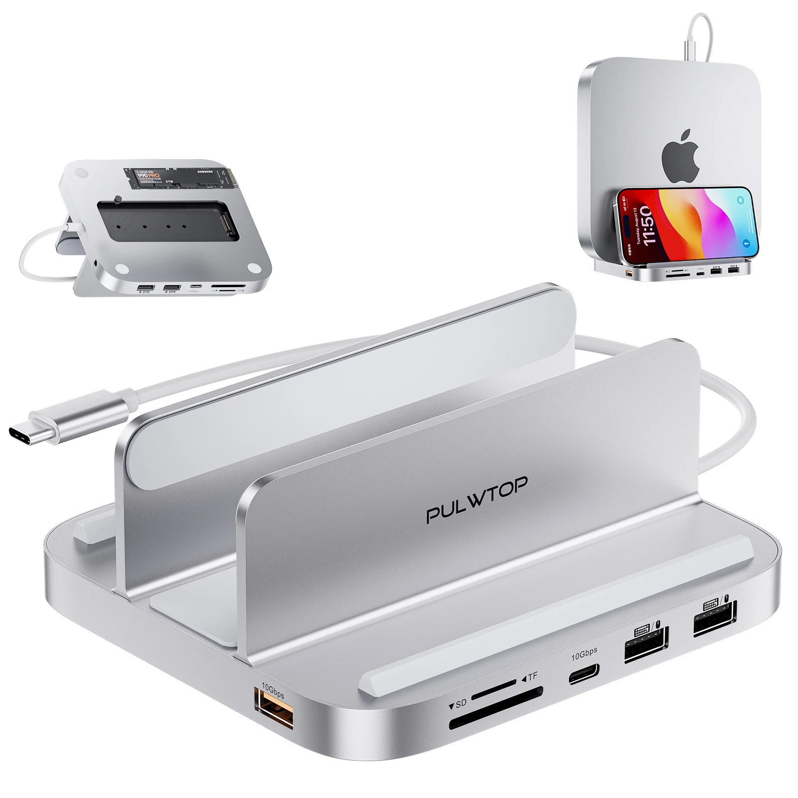 PULWTOP USB-C Stand Hub with SSD Enclosure for Mac Mini, 8-in-1 Vertical Mac Mini Dock,for 2018 Later Mac Mini M2/M1