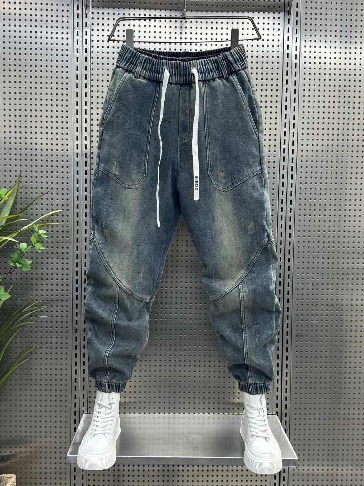 

Men's Fce Lined Thi Blue Denim Jeans Cuffed Slim Fit Casual Pants Waed out Harajuku Sle Youthful Trendy Long Trousers