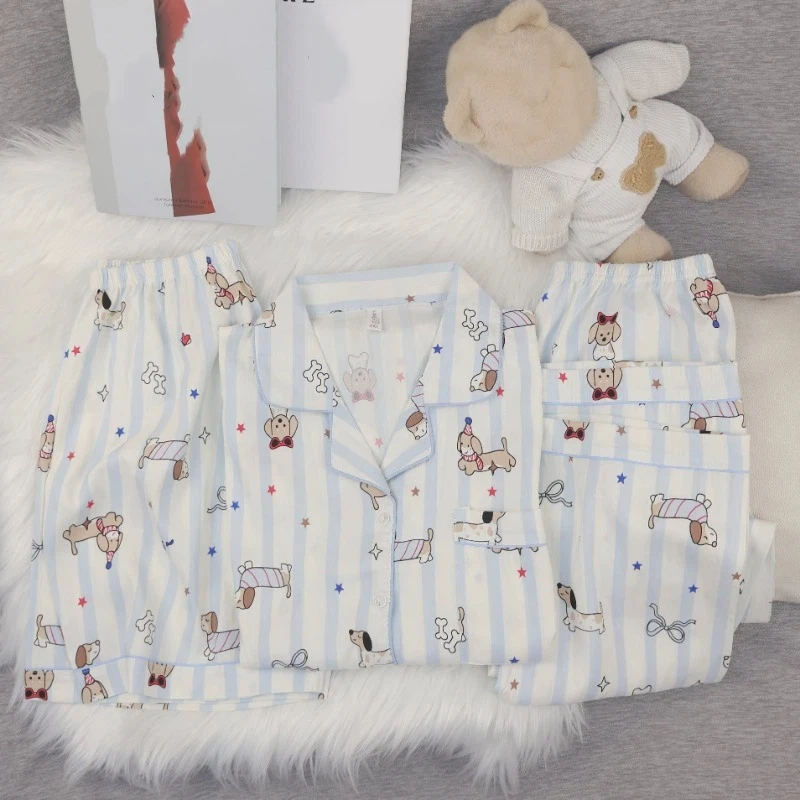 Striped Dog 3PCS Women's Pajamas Set Summer Soft Casual Pajamas Set for Women Korean Style Sweet Cute Sleepwear Loungewear