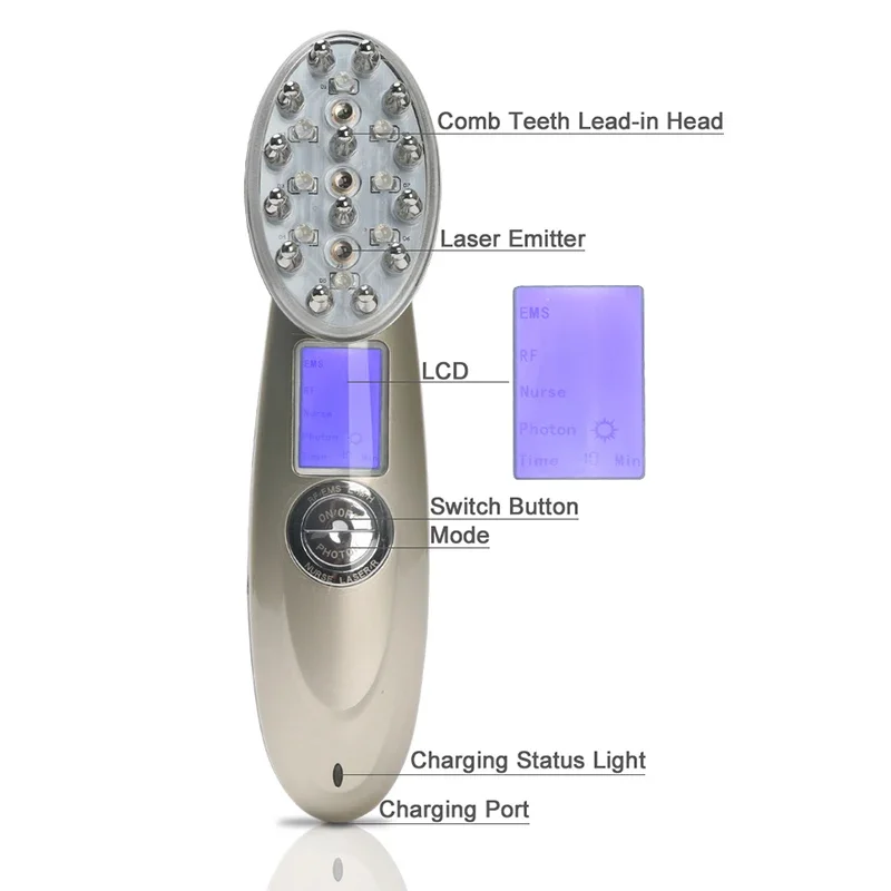 RF الليزر نمو الشعر مدلك مشط مكافحة تساقط الشعر العلاج الأشعة تحت الحمراء الضوء الأحمر EMS مدلك تردد الراديو الرعاية فرشاة شعر
