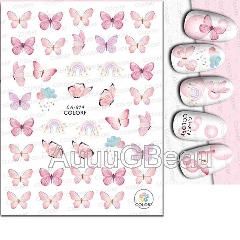 Nail Art 3d Back Glue Sticker Pink Butterflys Decals Nail Decoration Salon Beauty