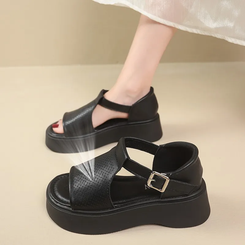 

2026 Summer Women Chunky Sandals Leather High Platform Trainers Breathable Casual Slippers Shoes Woman Heels Wedge Sneaker