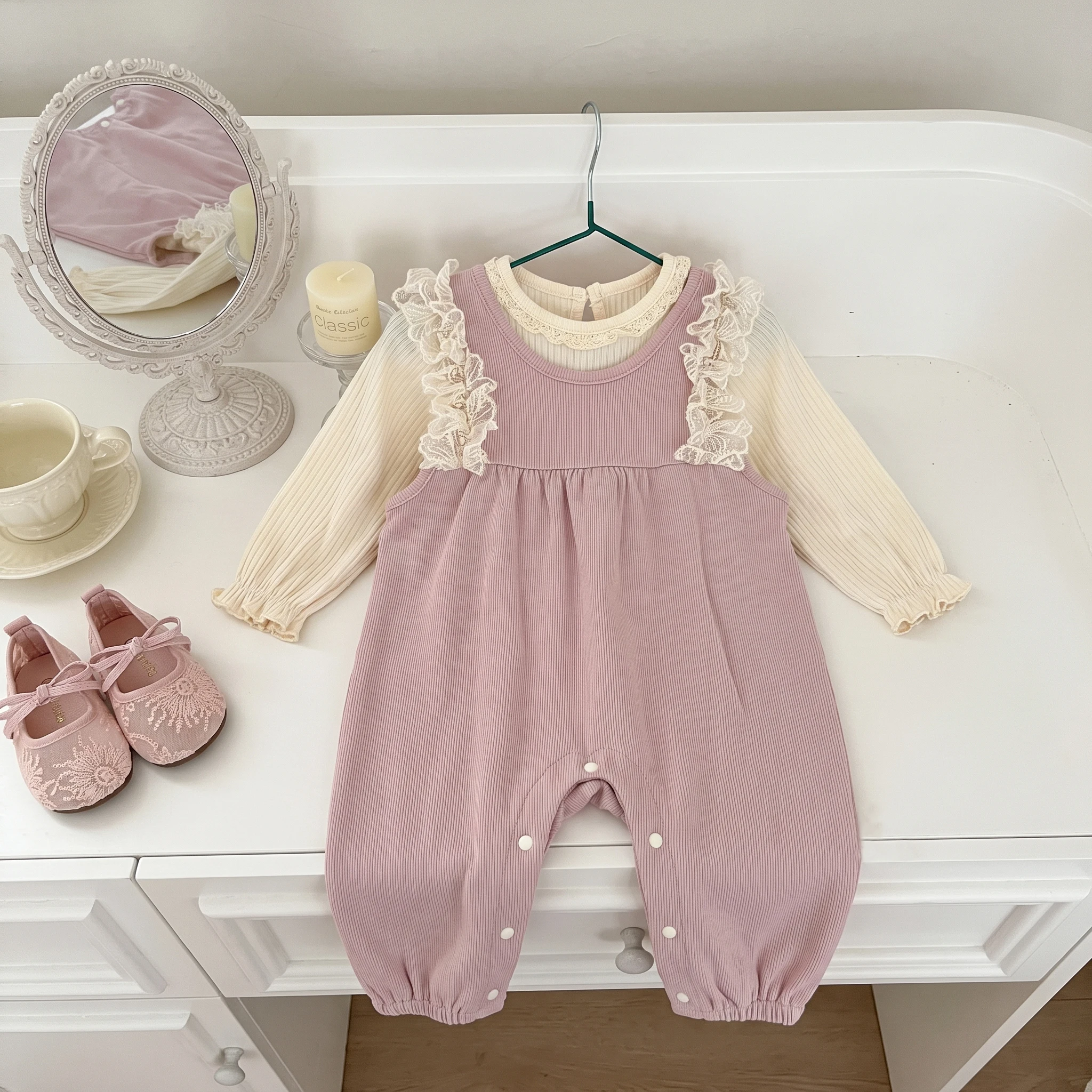 Baby Girl Two-Piece Set: Spring and Autumn Lace Strap Jumpsuit + Lace Collar Long Sleeve Top, Toddler Casual Outfit, Baby Photography Clothing
